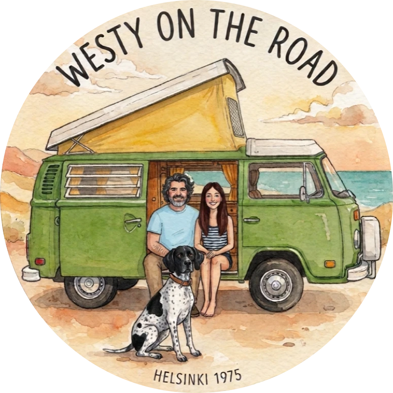 Westy on the Road: acuarela de la combi Westfalia verde con la pareja viajera y Rocco